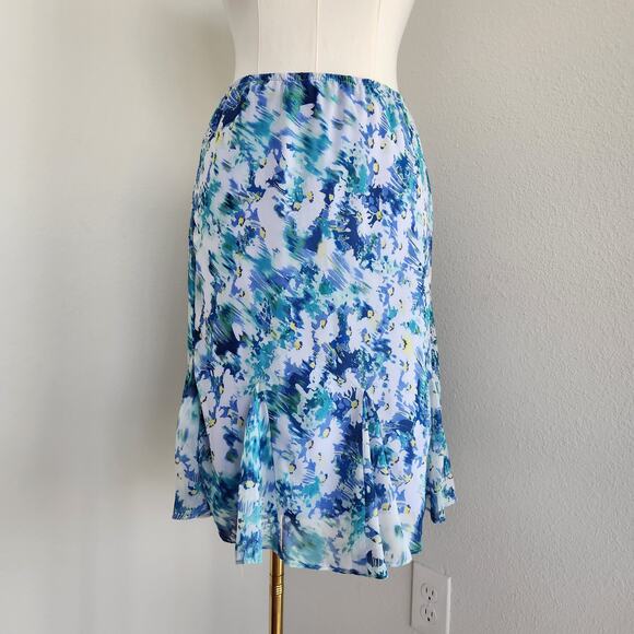 Vintage Karin Stevens Y2K Blue Abstract Print Midi Skirt Flared Panels L - Picture 1 of 7
